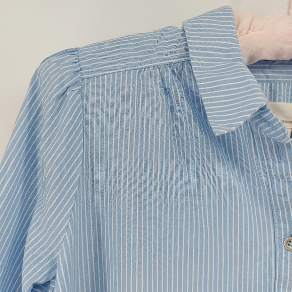 ANTHROPOLOGIE Blue Striped Shirtdress Size M Ruffle Hem Button Up Balloon Sleeve - Picture 7 of 11